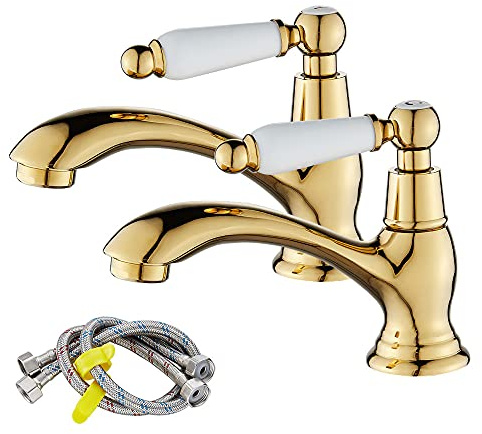 Victorian Bathroom Basin Pillar Taps, A Pair of Sink Tap with Ceramic Lever | Traditional Faucet for Washroom, 1/4 Turn, Retro Style, Flexible Hoses, Solid Brass, Polished Gold