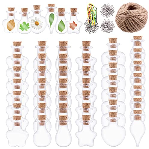 Keadic 119-teiliges Mini-Glasbehälter-Set mit 6 Formen, inklusive Wunschflaschen, Gläser mit Korkverschluss, Augenschrauben, 30,7 m Schnur für Kunst, Handwerk, Projekte, Dekoration, Partygeschenke