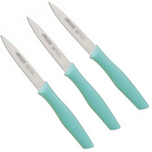 ARCOS Nova Set de 3 Cuchillos Mondadores de 100mm para Pelar Frutas y Verduras. Cuchillos para Pelar de Acero Inoxidable y Mango de Polipropileno. Color Menta