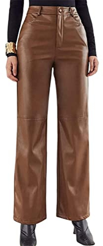 ORANDESIGNE Pantalones de Cuero Sintético para Mujer de Cintura Alta Sexy Góticos Punk Y2K Streetwear Pantalones Recto de Ajuste Delgado Ropa de Club C Marrón M
