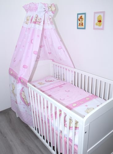 Primawela Baby Bettset Bettwäsche mit Himmel Vollstoff - Bärchen Rosa - Bettausstattung Set (7 teilig)