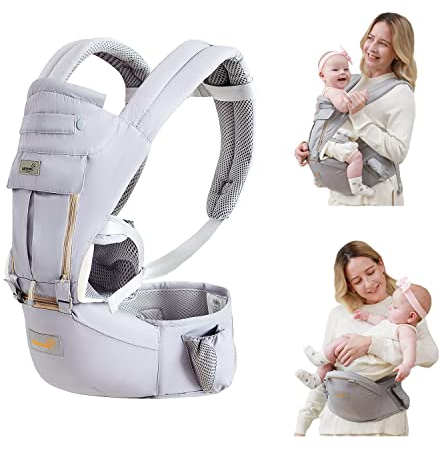 GROWNSY Babytrage, Advanced 6-in-1 Babytrage für Neugeborene ab Geburt, verstellbarer Sitz, Ergonomische Babytrage, Leicht&Atmungsaktiv - 0-36 Monaten geeignet(Grau)