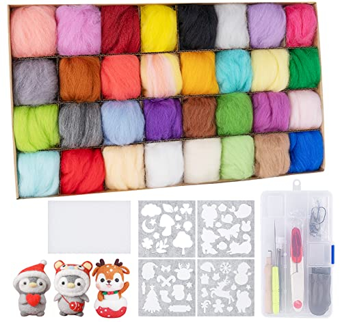 Anstore Nadelfilz-Set, Starterset für Nadelfilzen, inklusive 32 Farben, 5 g wandernde Wolle, Wollmalset und Nadelfilzwerkzeug zum Handdrehen, DIY-Bastelprojekte, Anfänger