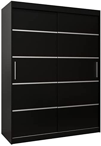 MEBLE KRYSPOL Schwebetürenschrank Verona 1 150 cm Kleiderschrank mit Kleiderstange und Einlegeboden Schlafzimmer- Wohnzimmerschrank Schiebetüren Modern Design (Schubladen: 0, Schwarz)