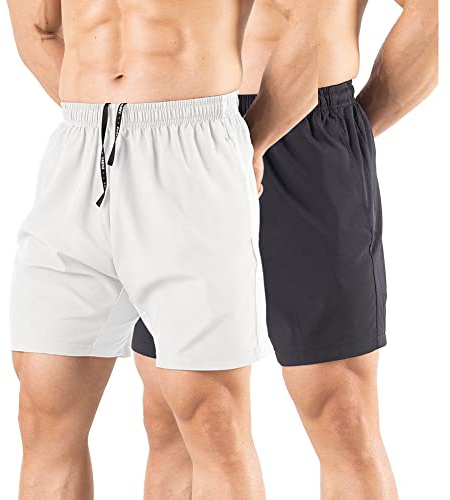Gaglg Lot de 2 Shorts de Course à Pied pour Homme de 12,7 cm à séchage Rapide avec Poches zippées, Noir/Blanc, Taille S