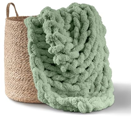 Adyrescia Chunky Knit Blanket Throw | 100% Hand Knit with Jumbo Chenille Yarn (50x60, Sage Green)