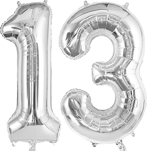 TOTAFAM 13 Balloon Numbers, Large 13 or 31 Foil Balloons, Big Number Balloon 40 Inch for 13th Birthday Anniversary Event Celebration Party Decorations Silver