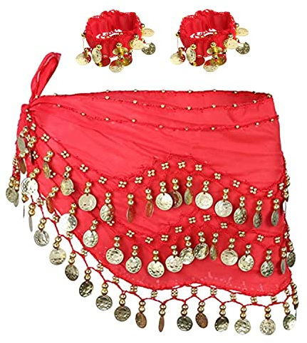 SamHeng Bauchtanz Hüfttuch mit Armbändern, Chiffon Bauchtanz Schal Wickeln Gürtelflügelrock mit goldenen Münzen für Performance Kostüm Bauchtanz Yoga Klasse