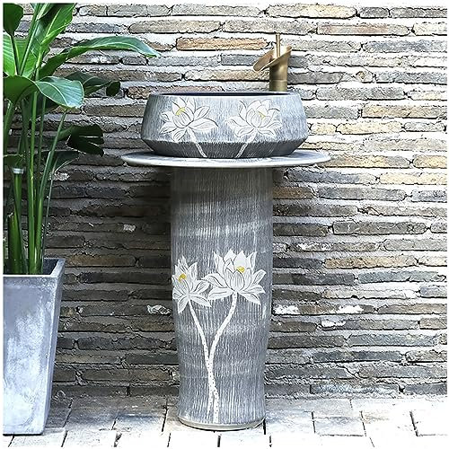 ZTGL Standwaschbecken Saule Keramik Rund, Retro-Stil Bodenstehender Waschtisch, Badezimmertoilette Waschbecken Saulenwaschbecken Verschleißfest Und Leicht Zu Reinigen,Without Mirror