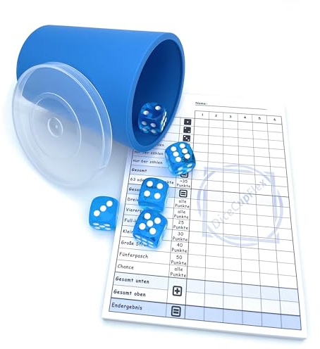 DiceCupFlex - Tazza flessibile con coperchio con 5 dadi e blocco cubi, blocco gioco – Made in Germany (blu)
