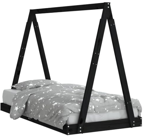 vidaXL Kinderbett, Kinder Bettgestell in Tipi Design, Hausbett für Kleinkinder ab 4 Jahren, Einzelbett Kinder Holzbett Tipi Bett, Schwarz 80x160 cm Massivholz Kiefer