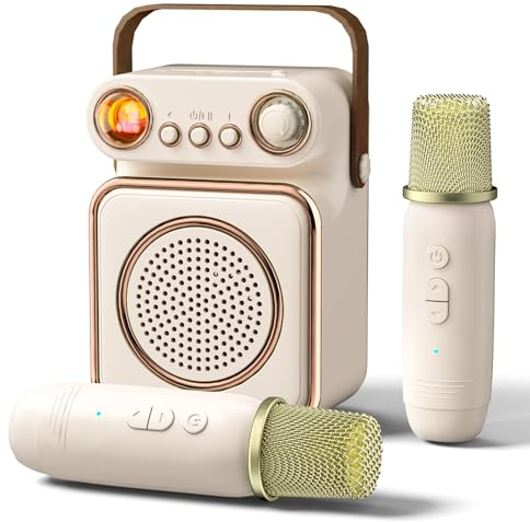 ICARERSPACE La máquina de karaoke tiene 2 micrófonos inalámbricos, el karaoke Bluetooth portátil tiene 5 Efectos de sonido diferentes y la máquina de karaoke para niños (Beige)