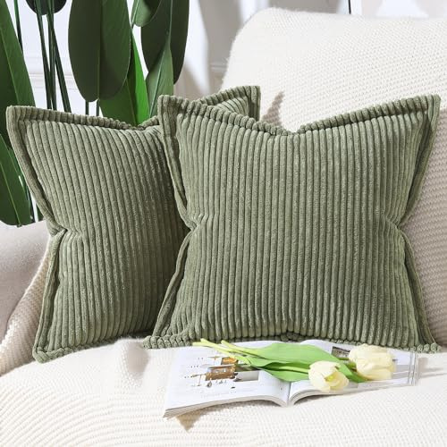 Madizz 2er Set Kordsamt Kissenbezug Gestreifte Kissenbezüge Breitseite Dekorative Strukturierte Wurfkissen für Sofa Schlafzimmer Kissenhülle Olivgrün 45x45 cm