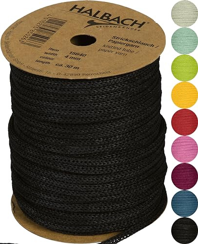 Halbach Papier-Strickschlauch, 4 mm x 30 m, schwarz | Befüllbares und reißfestes Schlauchgarn, für Knüpfarbeiten oder Biegen individueller Formen durch eingezogenen Draht