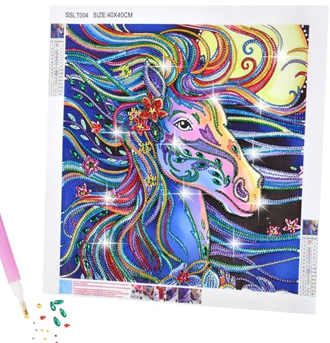 AUAUY Diamond Painting Set, Holzrahmen, 5D DIY Painting, Buntes Pferd | Malerei Kreuzstich Volldiamant Kristall, Malen Nach Zahlen Diamant, Stickerei Gemälde, für Erwachsene Zuhause Wanddekoration