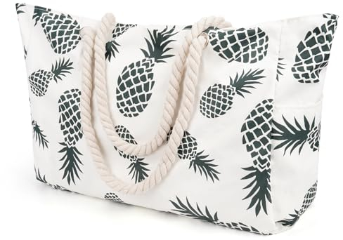 Deciniee Strandtasche XXL Familie Damen: Wasserdicht Strandtasche mit Reißverschluss - Faltbar Badetasche Groß Beach Tote Bag - Ananas Druck
