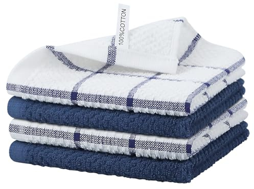Nialnant 4 trapos de limpieza, trapos de rizo 100% algodón para lavar platos, paños de cocina de secado rápido, paños de cocina azul marino, 12 x 12 pulgadas
