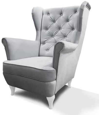BEAUTY SOFA - Falco Ohrensessel - Sessel - Fernsehsessel - Sessel Wohnzimmer - Relaxsessel - Stillsessel - Sessel mit Velours Stoff - Holzbeine - Vintage - Grau + Weiß