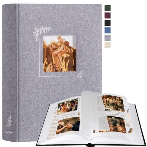 Lanpn Fotoalbum zum Selbstgestalten und Einkleben, Kleines Leinen Fotobuch Fensterdesign 60 weißen Seiten mit Pergamin Trennblätter Fasst 9x13cm 10x15cm 13x18cm Fotos (19x27cm, Grau)