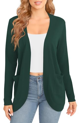 EXCHIC Donna Elegante Leggero Maniche Lunghe Cardigan Orlo Curvo Fronte Aperto Lunghi Maglioni con Tasche(S, Verde Scuro)