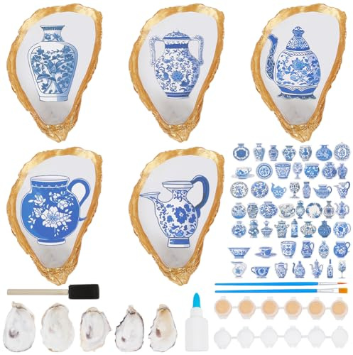 WEBEEDY DIY 5 Sets Decoupage Chinoiserie Oyster Shell Ring Dish DIY Aesthetic Jewelry Tray Summer Jewelry Display Holder Decorative Trinket Dish for Rings Earrings Necklaces Christmas Birthday Gift