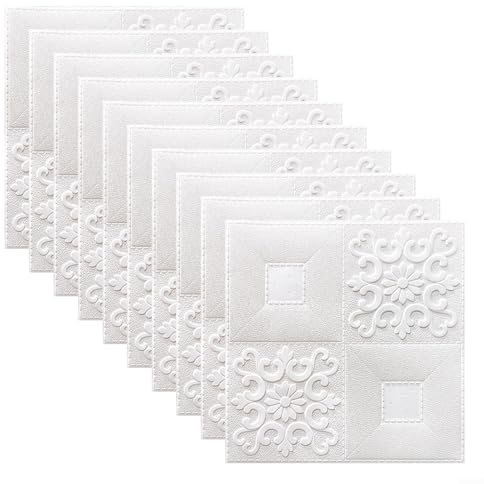 10 pannelli adesivi da parete 3D in schiuma morbida, pannelli per soffitti con texture adesivi da parete decorativi per casa, soggiorno, TV, divano, sfondo, 35 x 35 cm (bianco)