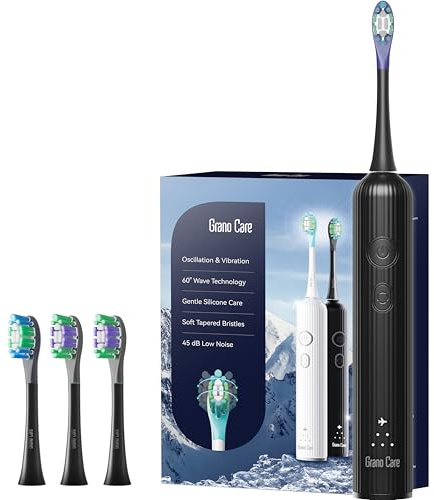 Grano Care Spazzolino elettrico sonico con oscillazione e vibrazione, per adulti, con 4 testine con setole Dupont, impermeabile IPX7, ricaricabile tramite USB, alimentato da viaggio (ABS nero)