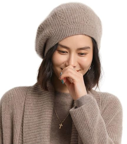 Ailaile Baskenmütze für Damen, 100 % Merinowolle, warm, gestrickt, übergroß, Beige