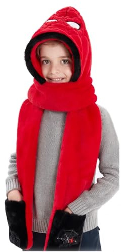 Girls and Boys Hooded Hat Scarf,Warm Plush Cute Red Spider Winter Hat for Kids Cap with Gloves Mittens 3-in-1 Party Dress Hat Surprise Birthday Gifts, Spider