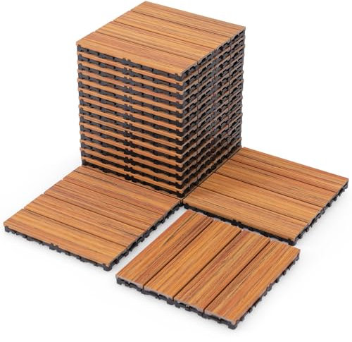 HOMFME 18 PCS Interlocking Patio Deck Tiles, 30 x 30cm WPC Waterproof Outdoor Flooring Tiles, 1.7㎡ All Weather Composite Decking Tiles for Garden Poolside Balcony (Brown)