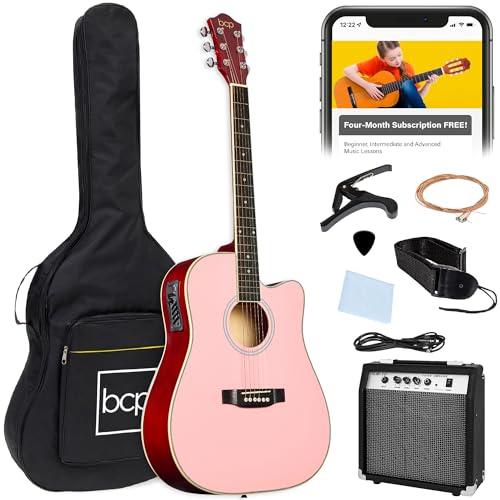 Best Choice Products Beginner Acoustic Electric Guitar Starter Set w/ 41in, All Wood Cutaway Design, Gig Bag, Strap, Picks - Pink