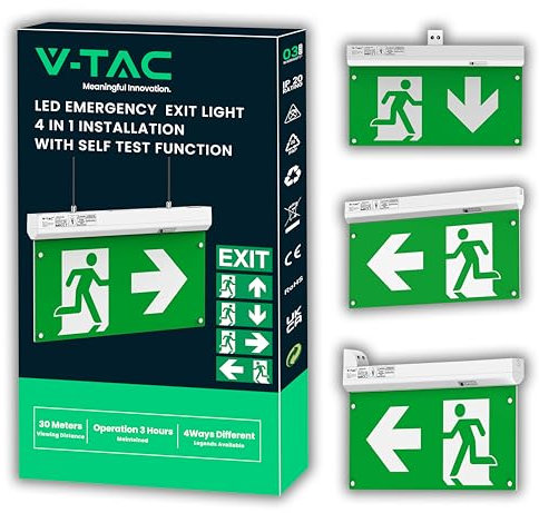 V-TAC Lampe de Secours LED 4 en 1 pour Plafond et Mur - Visible à 30 Mètres - Bouton d'Autotest - Éclairage de Sortie de Secours et Issue de Secours - Exit - 4 Signalisations Incluses - Lumière 6000K