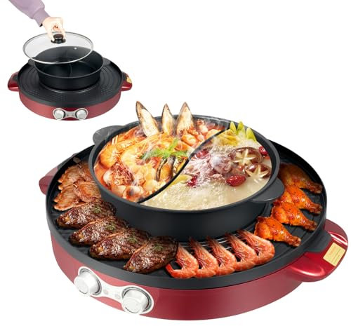Hot Pot - Cacerola eléctrica de 2200 W, con parrilla y partición separadora, multifunción, 2 lados, antiadherente, barbacoa de mesa, sartén dividida 2 en 1, para 2 a 8 personas, color rojo