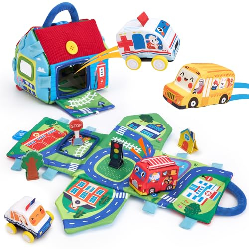 hahaland Giochi Neonato 6 9 12 Mesi - 4 PCS Peluche Macchinine per Bambini con 2 in 1 Borsa & Tappetino da Gioco - Giochi Montessori 1 Anno Regalo per Bimbo Bimba