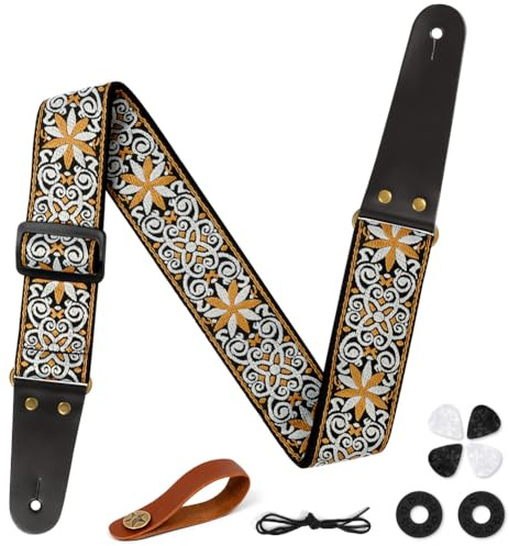 Aucuu Gitarrband, gitarrrem i bomull, broderi av gitarrremmar, 4 gitarrplektrum, 2 gummibandsfästen, äkta läderändar, för gitarr, elektrisk, akustisk, #9 blommor