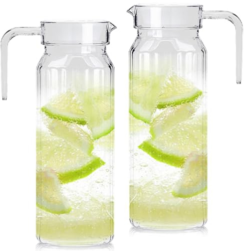 2 stycken plastmuggar med lock, 1,5 liters vattenkanna för kylskåp, BPA-fri, läckagesäker utlopp, kylskåpskanna, dryckesmugg för juice, sangria, lemonad, vatten, iste, kaffe, mjölk
