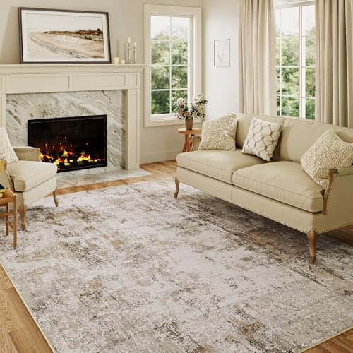 HUGEAR Washable Rugs Living Room Rug 150x210cm Grey Brown Non Slip Abstract Natural Neutral Modern Large Carpet Bedroom Kitchen Hall Lounge Bedside Low Pile Carpets