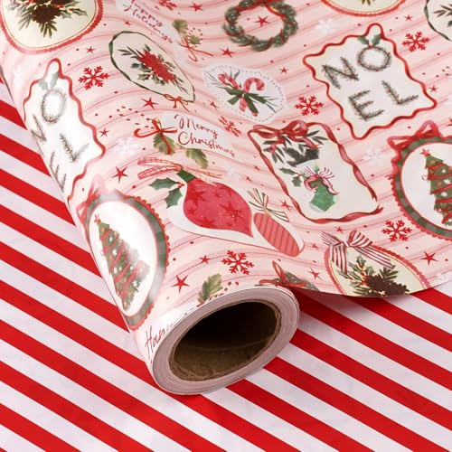 RUSPEPA Wende-Weihnachtsgeschenkpapier – Mini-Rolle – 43,2 cm x 10 m – Rosa-Rot, klassisches Weihnachtsdekor und gestreiftes Geschenkpapier für Weihnachten, Partys und andere Feiern