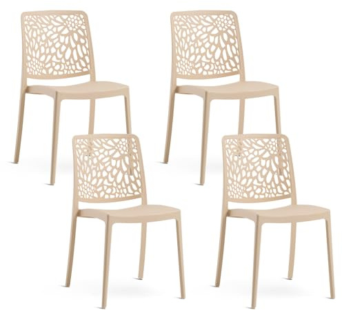 SIEDITI FUORI E DENTRO Sedie impilabili in polipropilene con fibra di vetro per esterno/giardino o interno, idrorepellenti e resistenti, design moderno e floreale - Sole (4, Crema)