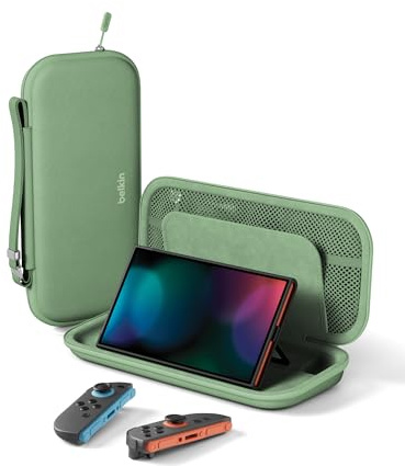 Belkin Gaming Nintendo Switch 2 reseväska med hållare för AirTag och ficka för spelförvaring - bärbar lätt väska med hårt skal och mjuk insida, nödvändiga speltillbehör för resan - Salvia | Bärbar Lätt Bärväska med Hårt Skal och Mjuk Insida, Förvaring för Spelkort, Speltillbehör för Resan