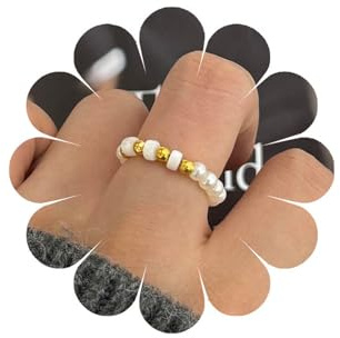 Andiyace Vintage Perlen Stretch Ring Handgemachte Stapelringe Goldperlen für Damen und Teenager (Stil: D)