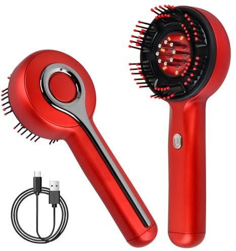 Masseur Cuir Chevelu Électrique, 3 in 1 Brosse Massage 3 Modes, Lumière Rouge & Applicateur d'Huile 3ml, Peigne de Massage Anti-chute pour Pousse des Cheveux, IPX7 Étanche & Rechargeable, Rouge