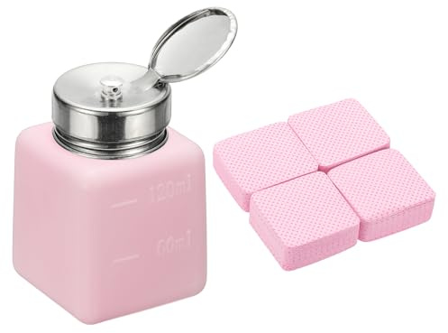 YOKIVE Alcohol Dispenser, 120ml(4oz) Pump Dispenser Bottle Push Down for Nail Polish Remover Acetone Cleanser with 200Pcs Lint Free Nail Wipes, Pink(Splash-proof Pump Head)