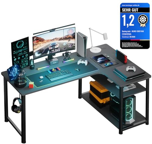 COMHOMA Schreibtisch Gaming Tisch mit Regal, Eckschreibtisch mit USB-Ladeanschluss und Steckdose, 140cm Computertisch L Form, PC Tisch für Büro, Heimbüro (Schwarz-140CM)