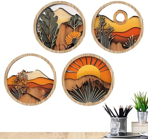 Boho Pictures Wall Decor,Modern Boho Wall Decor - Geometric Wooden Frames Round 7.87Inch Ornament for Patio Balcony Bookshelf Entryway Farmhouse Windowsill Gallery Hallway Porch