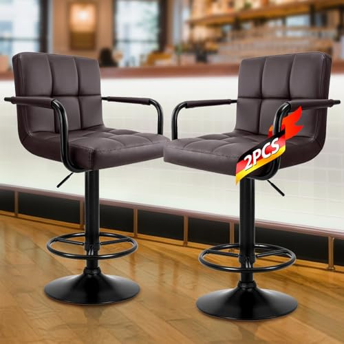 WoRaum Barhocker 2er-Set,Barstühle mit Lehne, Armlehne und Fußstütze,360° Drehung Moderner PU-Kunstleder Barstuhl,Höhenverstellbar 55-76cm (Kaffee PU, Schwarze Basis)