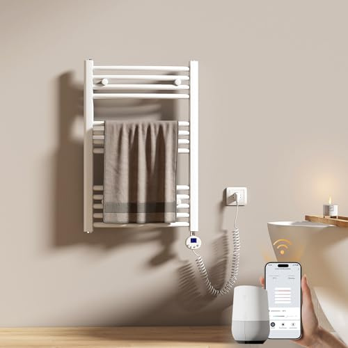EMKE WiFi Badheizkörper Elektrisch 750x500 mm - Gebogen Handtuchheizkörper Elektrisch, Elektrischer Handtuchwärmer Handtuchtrockner Handtuch Heizkörper Bad mit Thermostat und Heizstab - 300W, Weiß