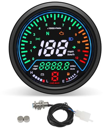 Universal Motorcycle Speedometer with Tachometer 12000 RPM, 6 Gear, Mileage, Volt, Oil Level, Indicator Light Km/h MPH LCD Anti-Glare 12V Digital Speedometer for Motorcycle Gauge Cluster