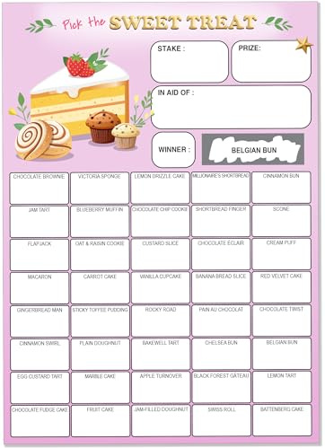 Pack of 10 Bakery Sweet Treats Fundraiser Cards - Large A5 Size - 40 Squares and Scratch Off Winner for Fundraising
