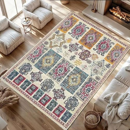 Alfombra de retazos, 180 x 180 cm, antideslizante, lavable a máquina, pelo corto, vintage, para sala de estar, entrada, oficina, escritorio, mesita de noche, dormitorio, geométrico, floral, multicolor